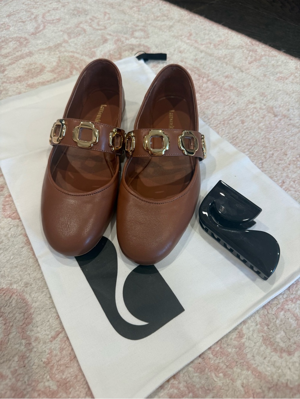 Larroude Brown Leather Mary Jane Flats with Gold Buckle Accents